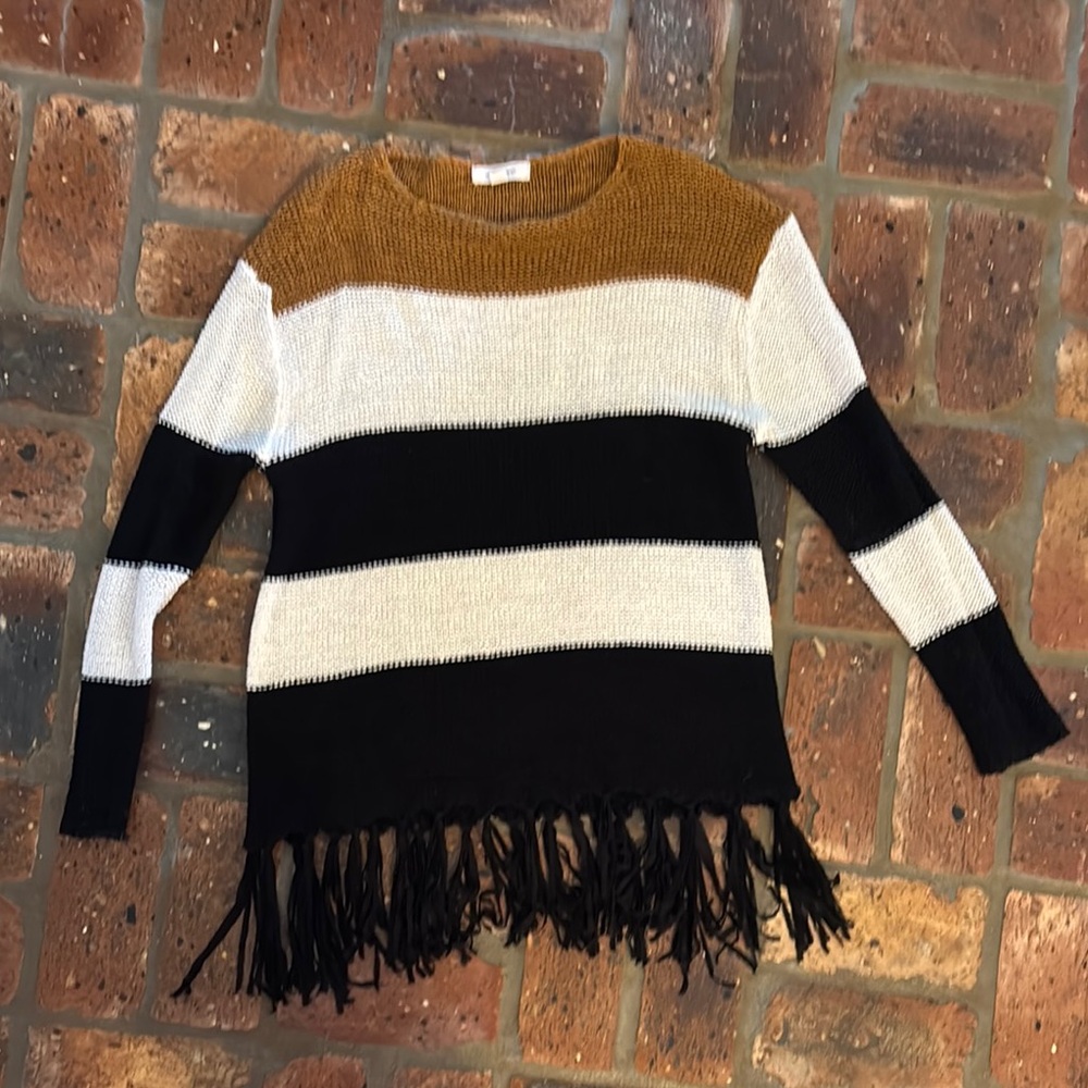 Striped Fringe Sweater - Black, White, and Brown